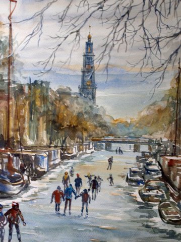 Schaatsen op de Herengracht bij de westertoren